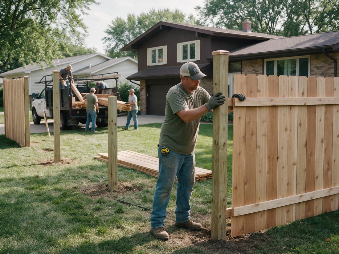 Worker setting a post for a wood privacy fence while others unload lumber from a truck in the yard, in Hiawatha, IA