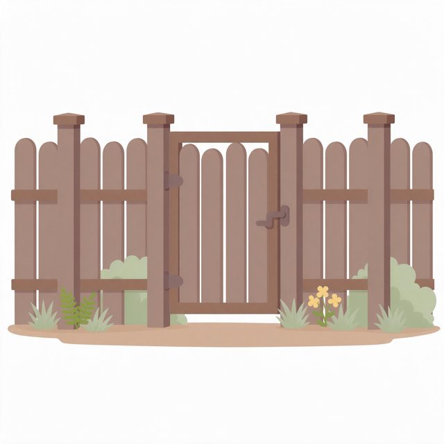 Illustration of a brown wooden picket fence with a gate and small plants, for a home in Hiawatha, IA